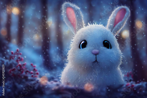 Funny cartoon white bunny in the snowy white winter forest, AI generated image