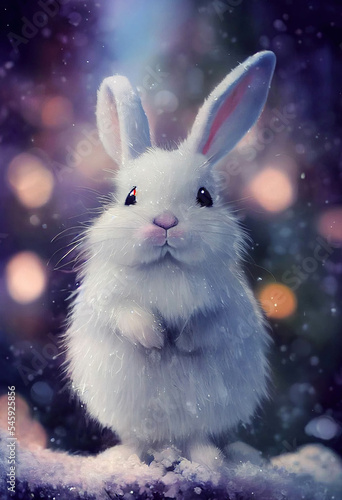 Cute white fluffy cartoon bunny standing in the snowy winter forest, AI generated image