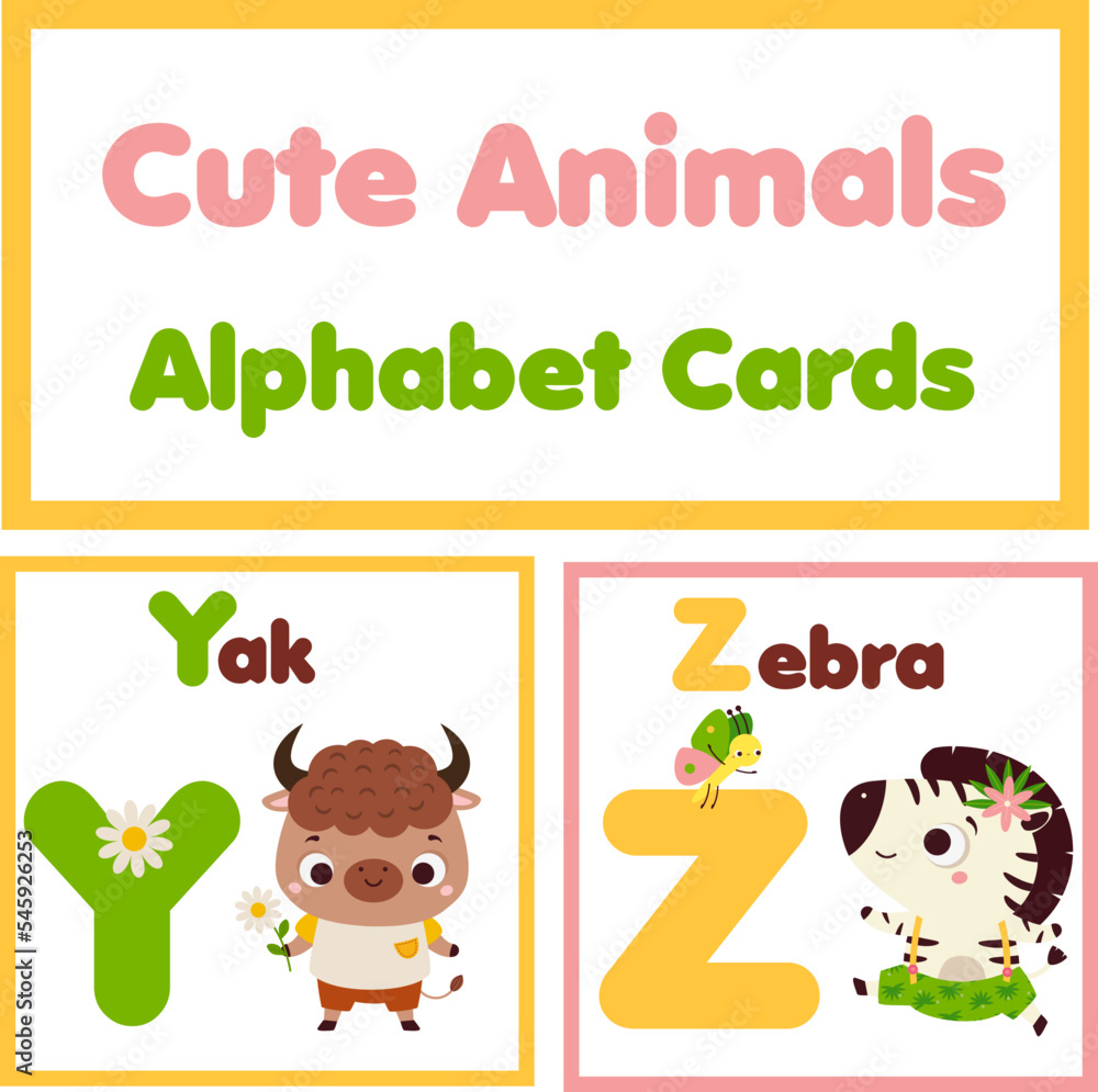 Fototapeta premium Kids Zoo english alphabet set. Children animals alphabet form letters Y to Z Cute yak and zebra educational cards for elementary school