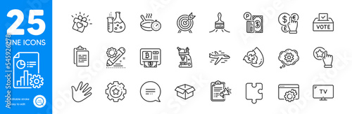Outline icons set. Parking payment, Love gift and Project edit icons. Bitcoin atm, Opened box, Megaphone checklist web elements. Clipboard, Text message, Brush signs. Seo gear, Airplane. Vector