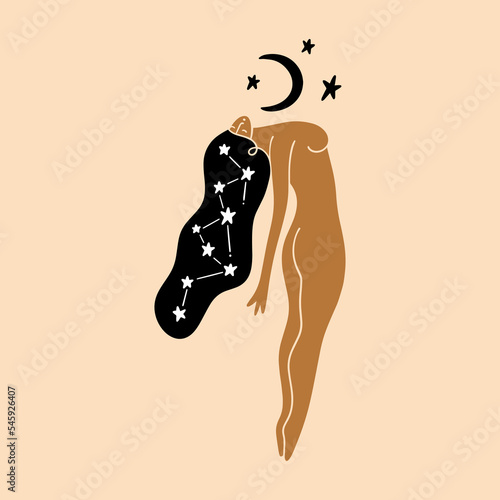 Boho sacred magic woman, modern abstract silhouette isolated on color background. Mystical flat art girl, symbol of holistic medicine, meditation, reiki, wellness, new age concept.