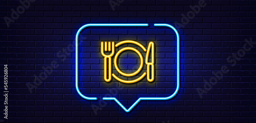 Neon light speech bubble. Restaurant food line icon. Dinner sign. Hotel service symbol. Neon light background. Restaurant food glow line. Brick wall banner. Vector