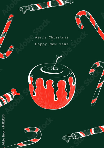 Christmas card with baked apple and sweets frame