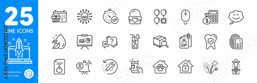 Outline icons set. Interview documents, User notification and Cyber attack icons. Presentation, Fast verification , Dental insurance web elements. Pet shelter, Recovery tool. Vector