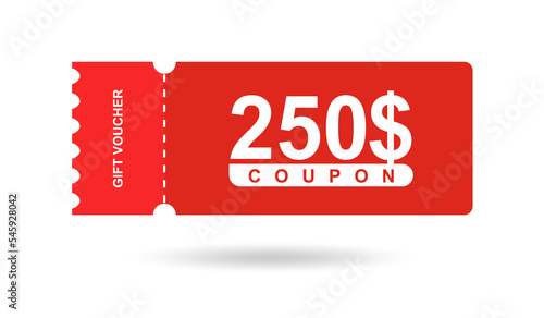 Gift voucher 250$. Coupon 250$ sale for website, internet ads, social media. Discount gift voucher, beautiful design. Big sale and super sale vector illustration