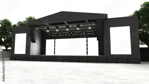 Stage rigging truss system with blank backdrop concert performance. High resolution image. 3D Rendering.