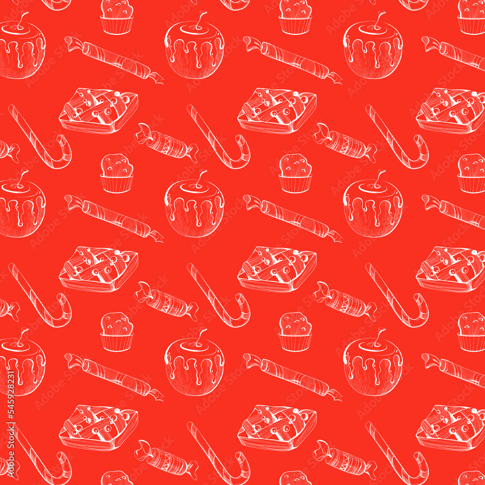 Christmas pattern with baked apples, sweets, Christmas pie and cupcakes Christmas pattern with baked apples, sweets, Christmas pie and cupcakes