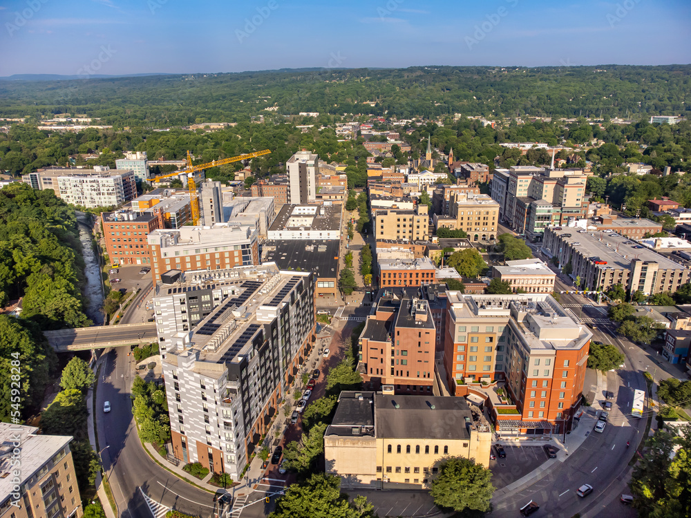 Fototapeta premium June 26 2022, Early morning aerial summer image of the area surrounding the City of Ithaca, NY, USA 