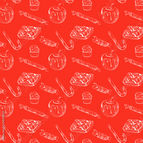 Christmas pattern with baked apples, sweets, Christmas pie and cupcakes