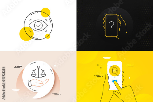 Minimal set of Justice scales, Biometric eye and Ask question line icons. Phone screen, Quote banners. Food app icons. For web development. Judgement, Security scan, Quiz phone. Vector