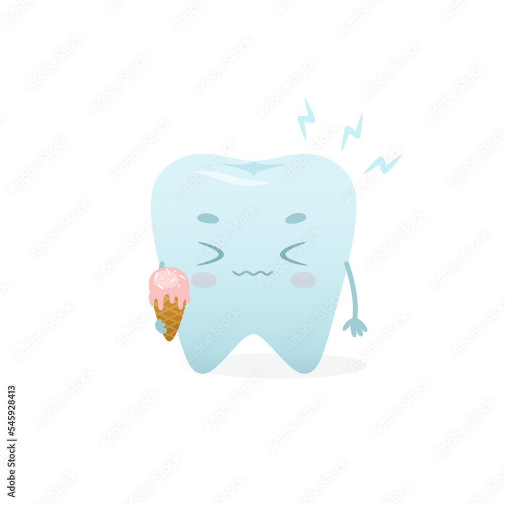 Cartoon frozen tooth with ice cream cone. Cute dental mascot for kids clinic. Cartoon frozen tooth with ice cream cone. Cute dental mascot for kids clinic.