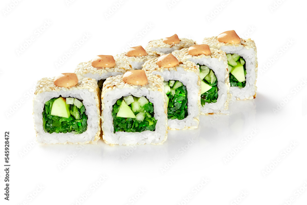 California sushi rolls in sesame with hiyashi seaweed, avocado, cucumber topped with yaki sauce