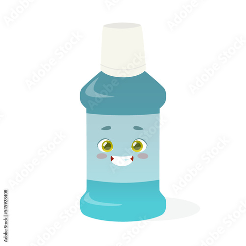 Cartoon bottle of mouthwash with cute smiling face. Vector illustration of mouthwash for kids.