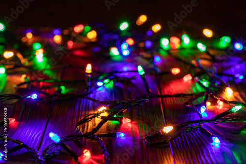 Christmas background with lights and free text space. Christmas lights border. © eliosdnepr