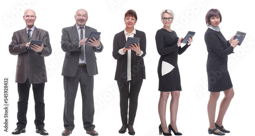 collage group of successful financiers with calculator isolated