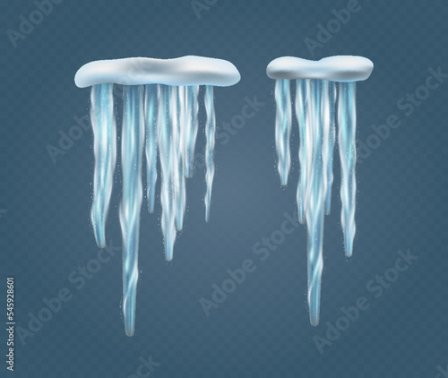 Snow caps with hanging icicles, winter frost. Snow caps and frosty roof icicles for Christmas