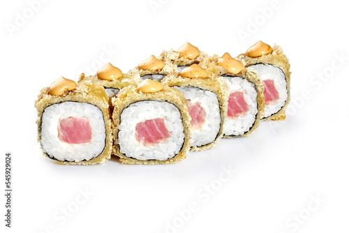 Deep-fried sushi rolls with tuna and cream cheese with tahini sauce