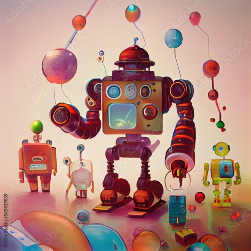 Robot world, machinarium, fantasy world with robots and intricate machinery. photo