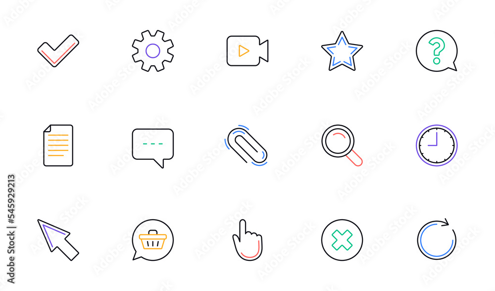Document, Time and Question mark line icons. Search, Video camera and Check mark. Linear icon set. Bicolor outline web elements. Vector Document, Time and Question mark line icons. Search, Video camera and Check mark. Linear icon set. Bicolor outline web elements. Vector