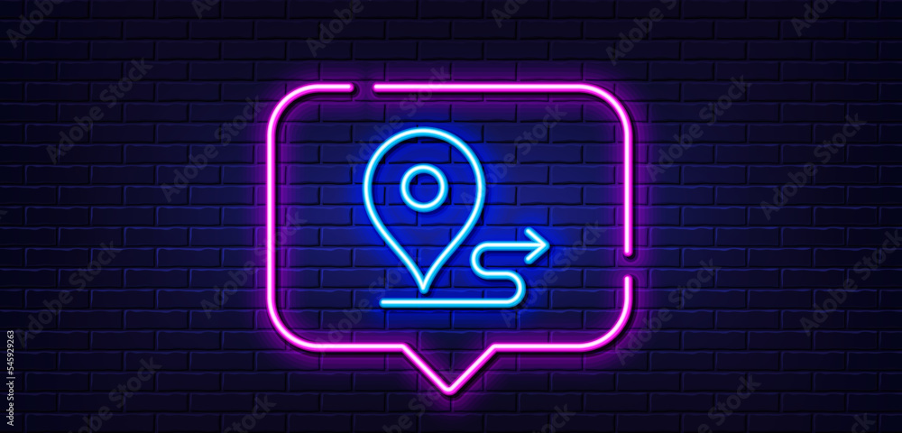 Neon light speech bubble. Journey line icon. Road path sign. Route map distance symbol. Neon light background. Journey glow line. Brick wall banner. Vector Neon light speech bubble. Journey line icon. Road path sign. Route map distance symbol. Neon light background. Journey glow line. Brick wall banner. Vector