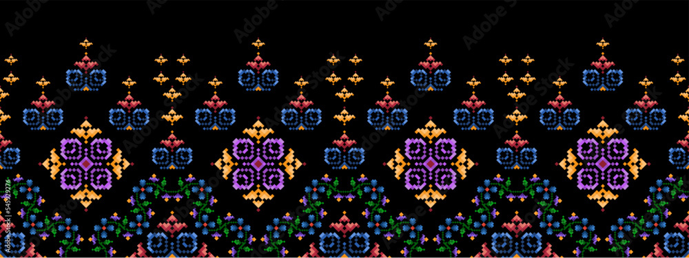 Fabric pixel ethnic seamless pattern decoration design. Aztec fabric carpet boho mandalas textile decor wallpaper. Tribal native motif ornaments traditional embroidery vector background 
