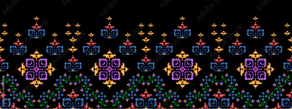 Fabric pixel ethnic seamless pattern decoration design. Aztec fabric carpet boho mandalas textile decor wallpaper. Tribal native motif ornaments traditional embroidery vector background Fabric pixel ethnic seamless pattern decoration design. Aztec fabric carpet boho mandalas textile decor wallpaper. Tribal native motif ornaments traditional embroidery vector background
