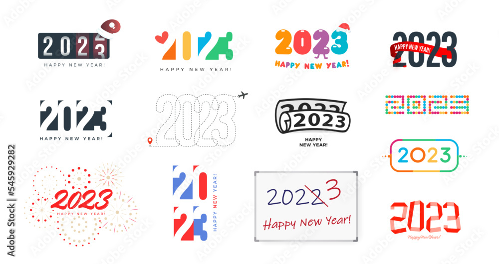 2023 New Year diverse symbols set for 2023 event decoration, logo graphic, creative emblem concept for banner, brochure, flyer, calendar, greeting card, event invitation. Isolated vector logotype