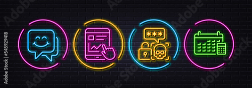 Cyber attack, Internet report and Smile face minimal line icons. Neon laser 3d lights. Calendar icons. For web, application, printing. Password hacking, Web tutorial, Chat. Calculator device. Vector
