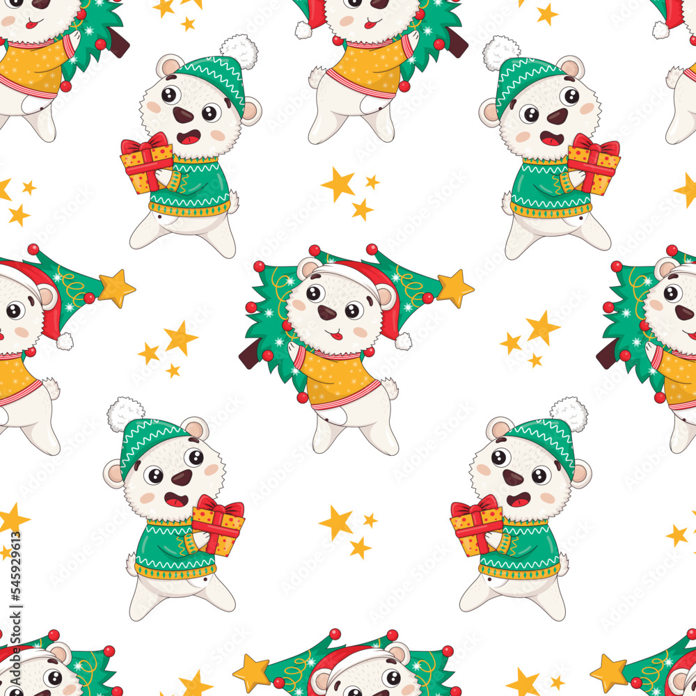 Seamless pattern with cute cartoon polar bears in winter sweaters getting ready for the new year, carrying gifts and Christmas trees