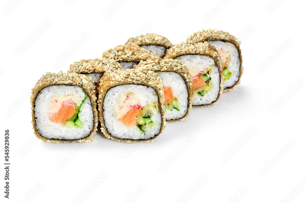 Tempura rolls with salmon, crab meat, cucumbers and lettuce Tempura rolls with salmon, crab meat, cucumbers and lettuce
