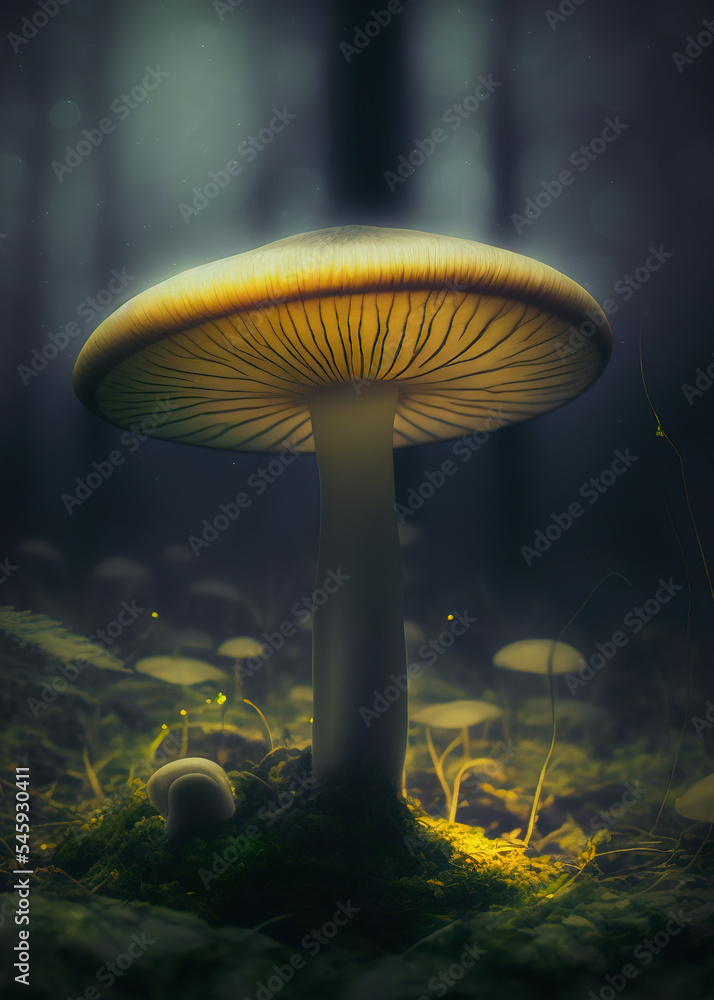 Fototapeta premium Glowing mushrooms in the forest, macro under lit.