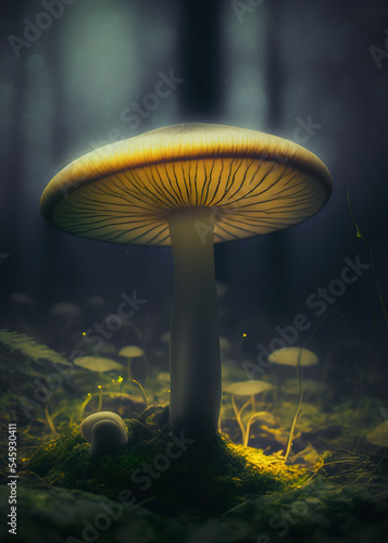 Glowing mushrooms in the forest, macro under lit.