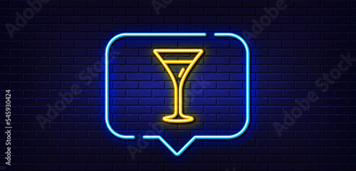 Neon light speech bubble. Martini glass line icon. Wine glass sign. Neon light background. Martini glass glow line. Brick wall banner. Vector