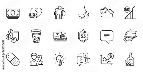 Outline set of Whiskey glass, Cash money and 5g wifi line icons for web application. Talk, information, delivery truck outline icon. Include Divorce lawyer, Capsule pill, Dollar rate icons. Vector