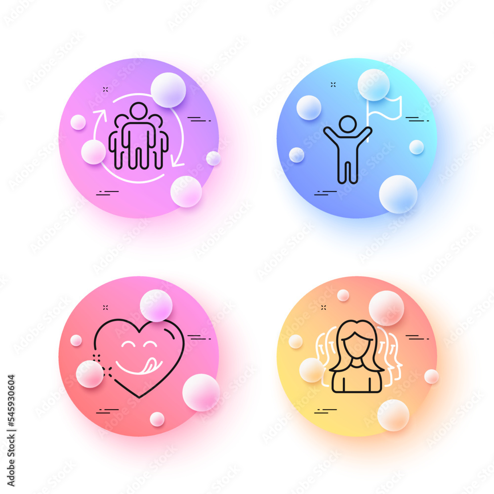 Women group, Leadership and Yummy smile minimal line icons. 3d spheres or balls buttons. Teamwork icons. For web, application, printing. Lady service, Winner flag, Comic heart. Vector Women group, Leadership and Yummy smile minimal line icons. 3d spheres or balls buttons. Teamwork icons. For web, application, printing. Lady service, Winner flag, Comic heart. Vector
