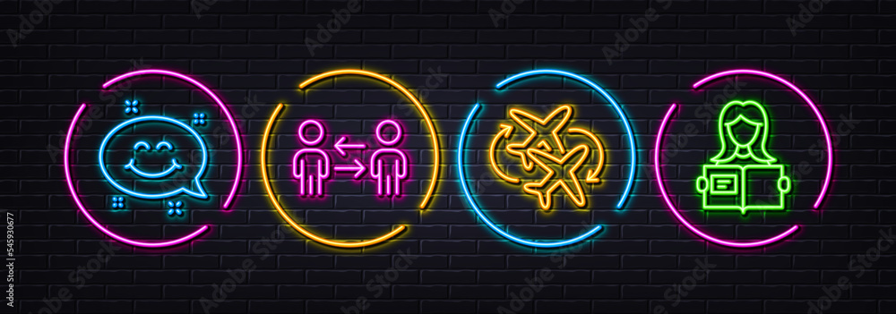Connecting flight, Teamwork business and Smile chat minimal line icons. Neon laser 3d lights. Woman read icons. For web, application, printing. Airport, Collaboration, Happy emoticon. Vector