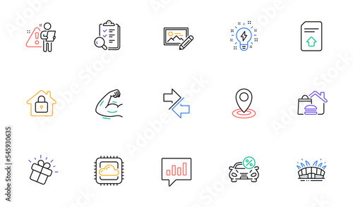 Arena stadium, Food delivery and Upload file line icons for website, printing. Collection of Inspiration, Gift, Strong arm icons. Lock, Search employee, Car leasing web elements. Vector