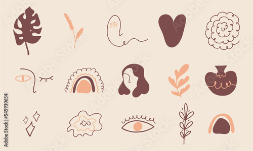 Big set of various hand drawn icons, various doodles in boho style. Collection of summer vector badges. Flat design, cartoon style.
