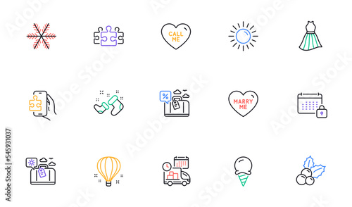 Dress, Christmas holly and Travel luggage line icons for website, printing. Collection of Delivery, Calendar, Sun icons. Snowflake, Call me, Marry me web elements. Air balloon, Ice cream. Vector