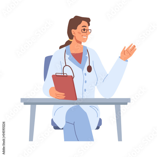 Doctor or general practitioner with stethoscope and document looking back. Friendly medical worker in hospital. Flat cartoon character, vector in flat style