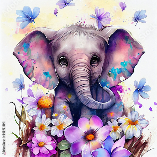 Cute baby elephant watercolor illustration. Isolated on white background. African baby animal for baby shower, nursery decorations, birthday invitations, postera, greeting card, fabric. Baby girl