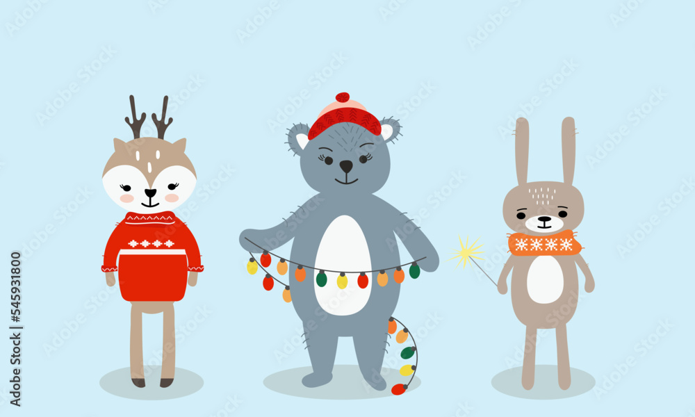 Banner with Cute Christmas animals, hand drawn style. Vector illustration. Great for greeting cards, posters, nursery design. Vector illustration. Banner with Cute Christmas animals, hand drawn style. Vector illustration. Great for greeting cards, posters, nursery design. Vector illustration.