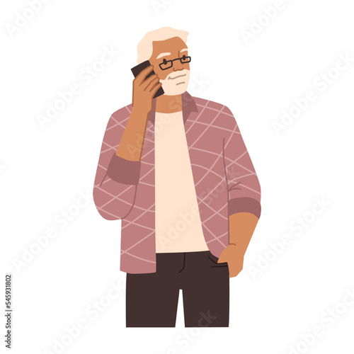 Grandfather talking on phone, isolated senior man listening to cell. Guy holding gadget in hands, communicating and interacting online. Vector in flat cartoon style