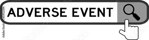 Search banner in word adverse event with hand over magnifier icon on white background