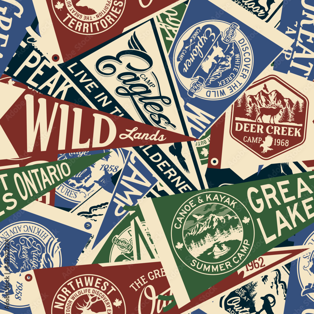 Vintage mountain lake camp flag pennant  outdoor adventure patchwork vector seamless pattern collection 