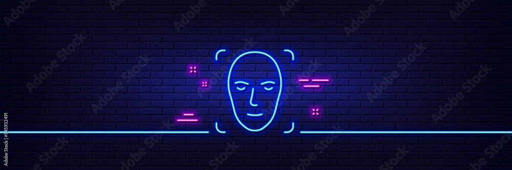 Neon light glow effect. Face detection line icon. Head recognition sign. Identification symbol. 3d line neon glow icon. Brick wall banner. Face detection outline. Vector Neon light glow effect. Face detection line icon. Head recognition sign. Identification symbol. 3d line neon glow icon. Brick wall banner. Face detection outline. Vector