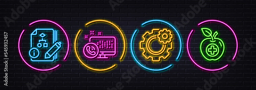 Cogwheel, Web call and Algorithm minimal line icons. Neon laser 3d lights. Medical food icons. For web, application, printing. Engineering tool, Phone support, Project. Apple. Vector photo