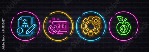 Cogwheel, Web call and Algorithm minimal line icons. Neon laser 3d lights. Medical food icons. For web, application, printing. Engineering tool, Phone support, Project. Apple. Vector