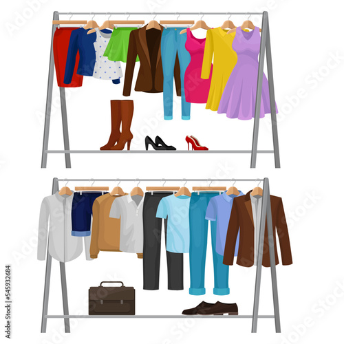 Male and female clothes hanging on hangers on garment rack. Fashion apparel on rail cartoon vector