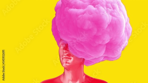 Man red body with pink cloud on head. Realistic 3d art composition in creative modern stop motion style. Minimal abstract graphic concept design. Fashion loop animation.